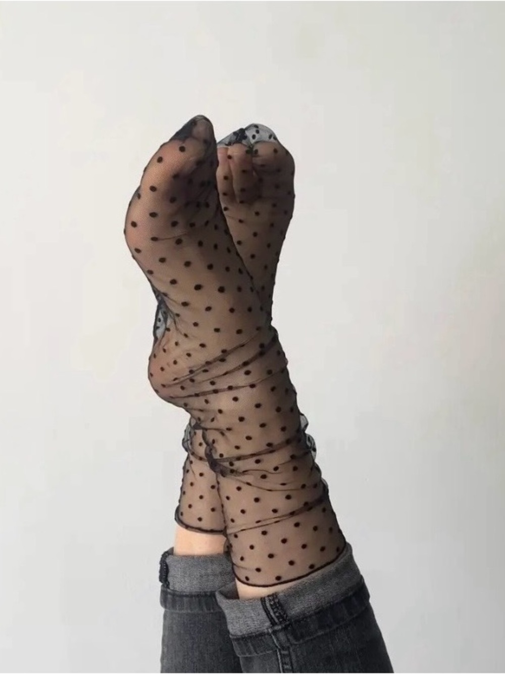 Sockette Maeve Loose Fitting Sheer Polka Dot Crew Socks - Black